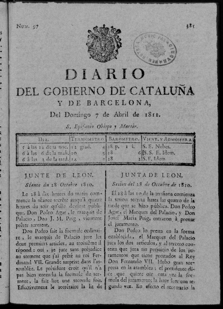 Miniatura de Diario de Barcelona del domingo 7 de abril de 1811