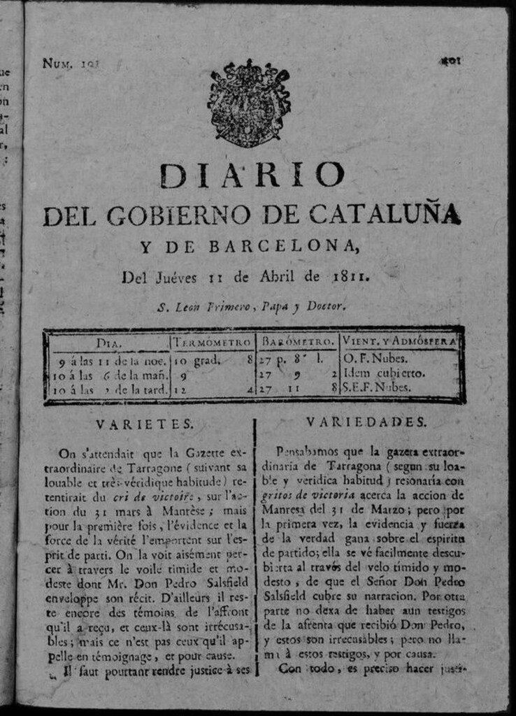 Miniatura de Diario de Barcelona del jueves 11 de abril de 1811