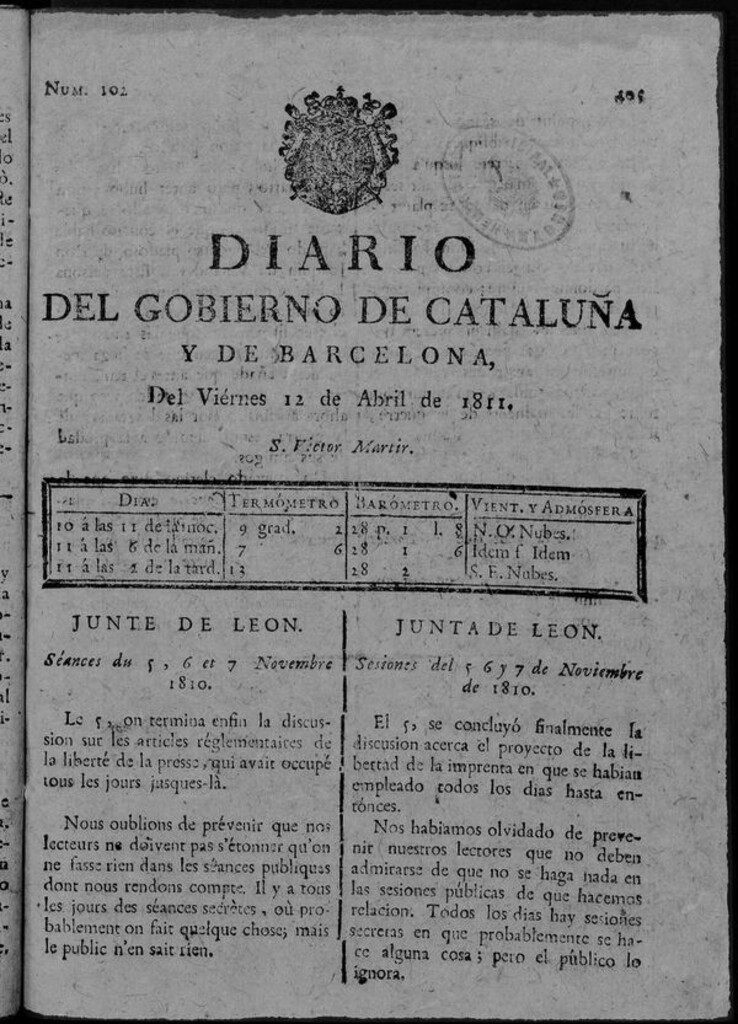 Miniatura de Diario de Barcelona del viernes 12 de abril de 1811
