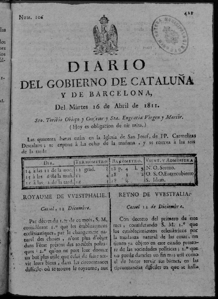 Miniatura de Diario de Barcelona del martes 16 de abril de 1811
