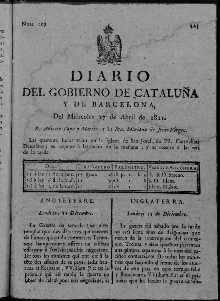 Miniatura de Diario de Barcelona del miércoles 17 de abril de 1811