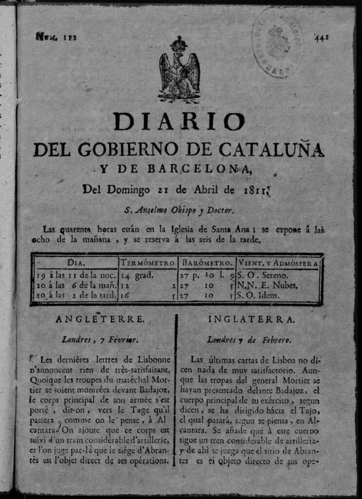 Miniatura de Diario de Barcelona del domingo 21 de abril de 1811
