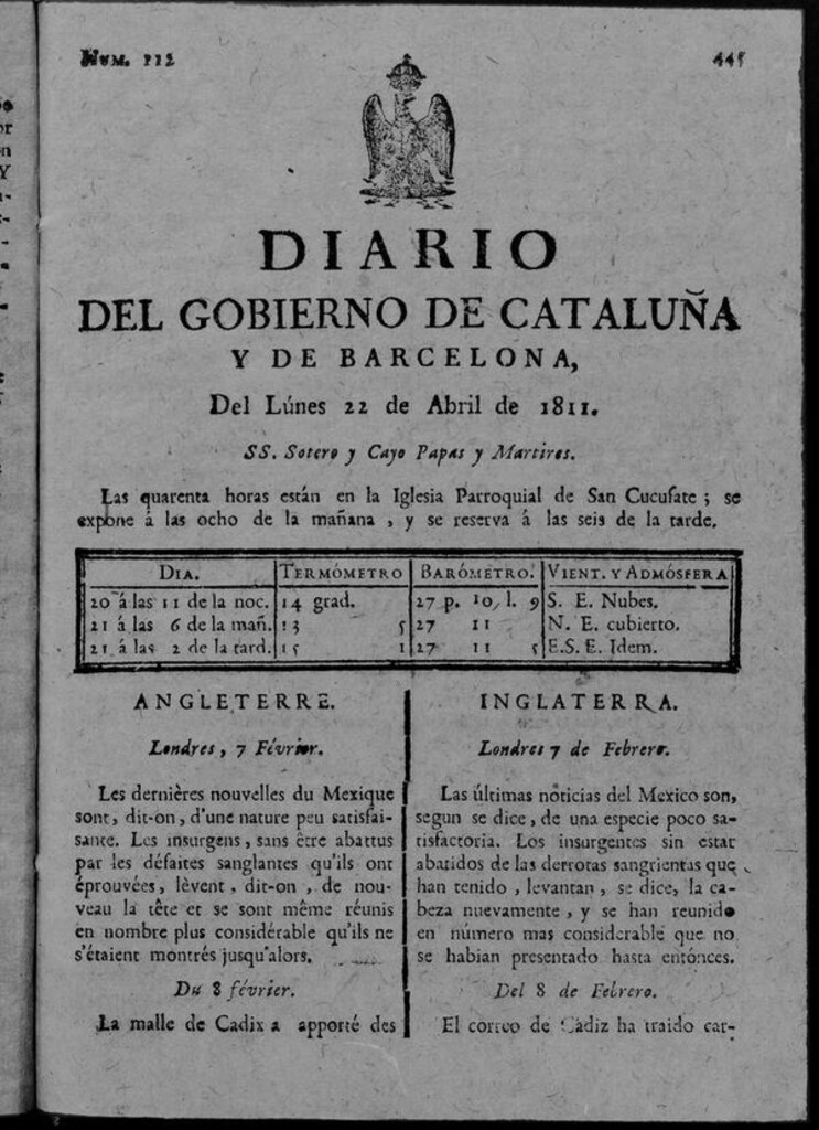 Miniatura de Diario de Barcelona del lunes 22 de abril de 1811