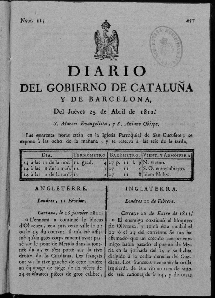 Miniatura de Diario de Barcelona del jueves 25 de abril de 1811