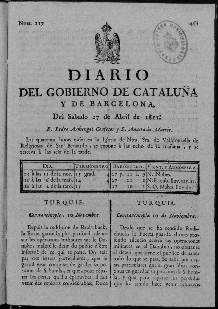 Miniatura de Diario de Barcelona del sábado 27 de abril de 1811