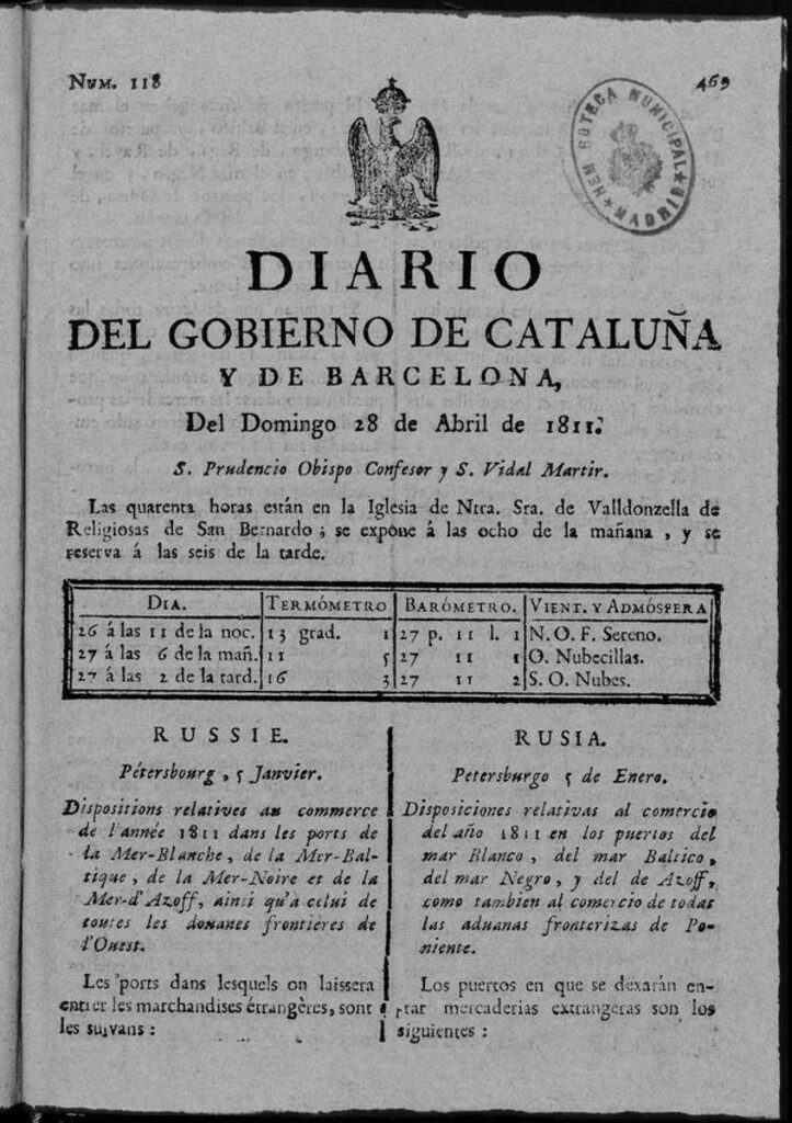 Miniatura de Diario de Barcelona del domingo 28 de abril de 1811