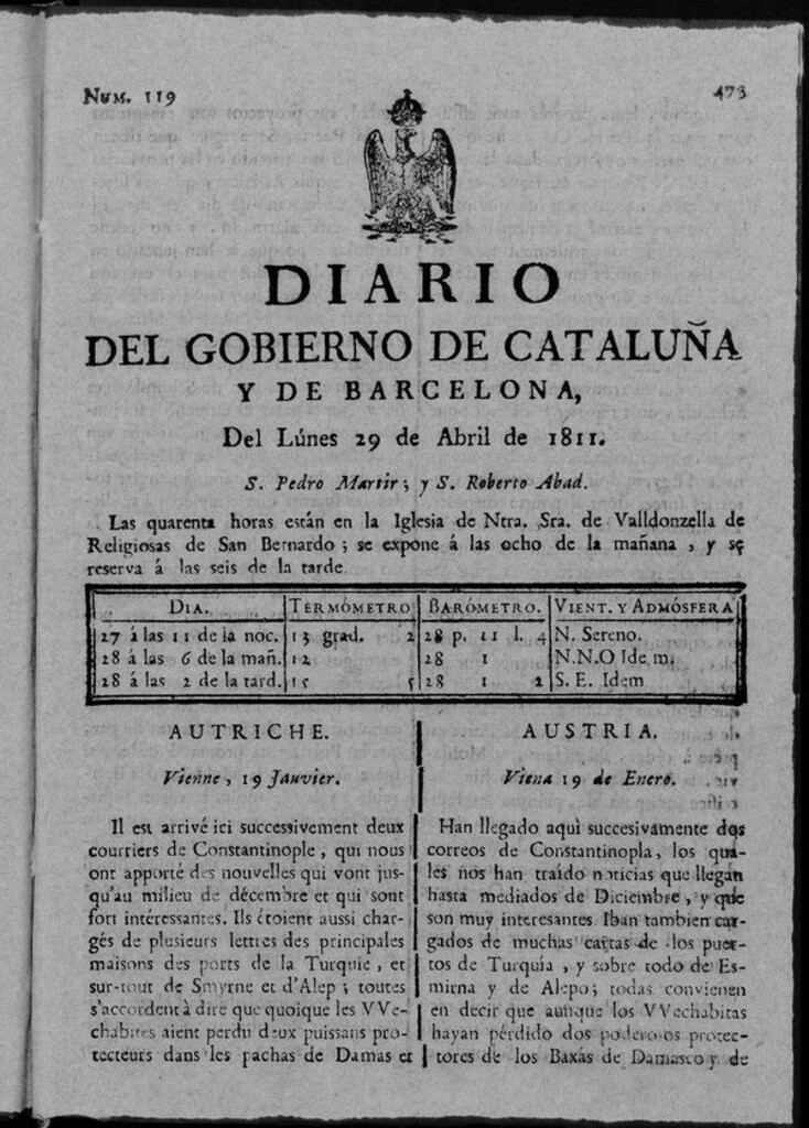 Miniatura de Diario de Barcelona del lunes 29 de abril de 1811