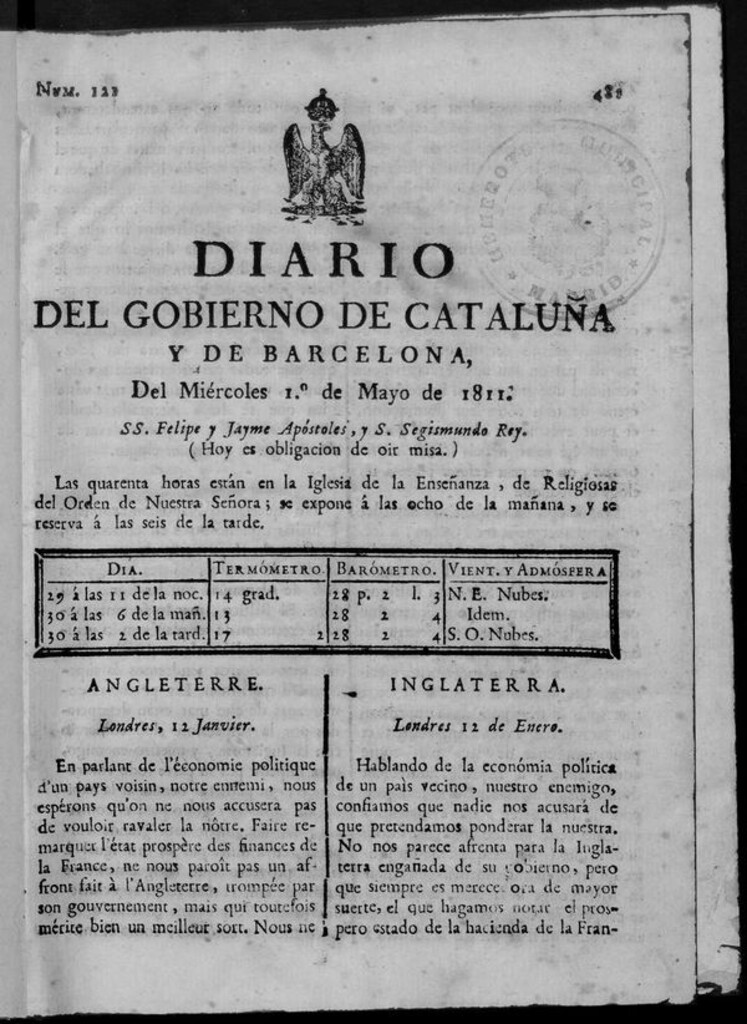 Miniatura de Diario de Barcelona del Miércoles 1 de mayo de 1811