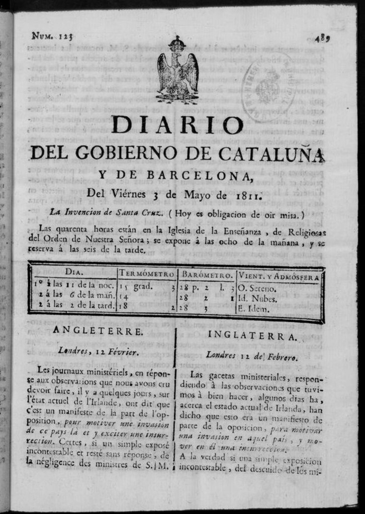Miniatura de Diario de Barcelona del viernes 3 de mayo de 1811