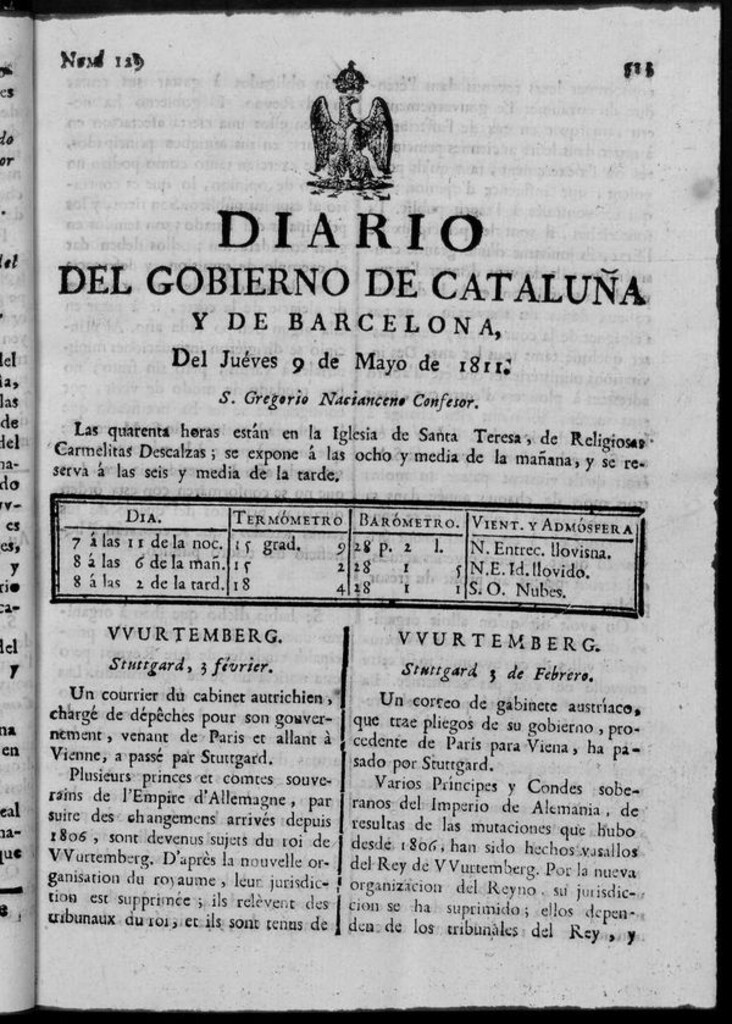 Miniatura de Diario de Barcelona del jueves 9 de mayo de 1811