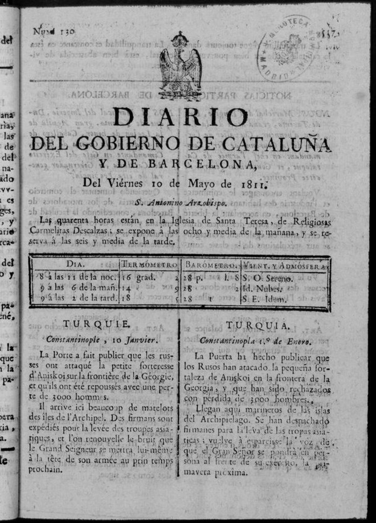 Miniatura de Diario de Barcelona del viernes 10 de mayo de 1811