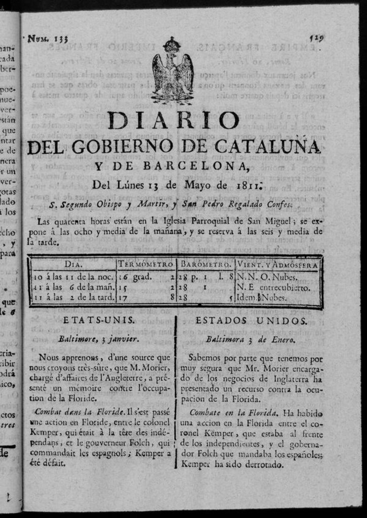 Miniatura de Diario de Barcelona del lunes 13 de mayo de 1811