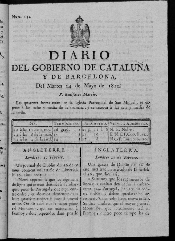 Miniatura de Diario de Barcelona del martes 14 de mayo de 1811