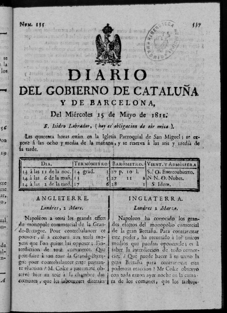 Miniatura de Diario de Barcelona del miércoles 15 de mayo de 1811