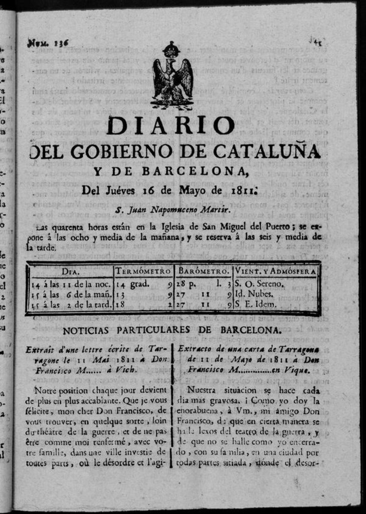 Miniatura de Diario de Barcelona del jueves 16 de mayo de 1811