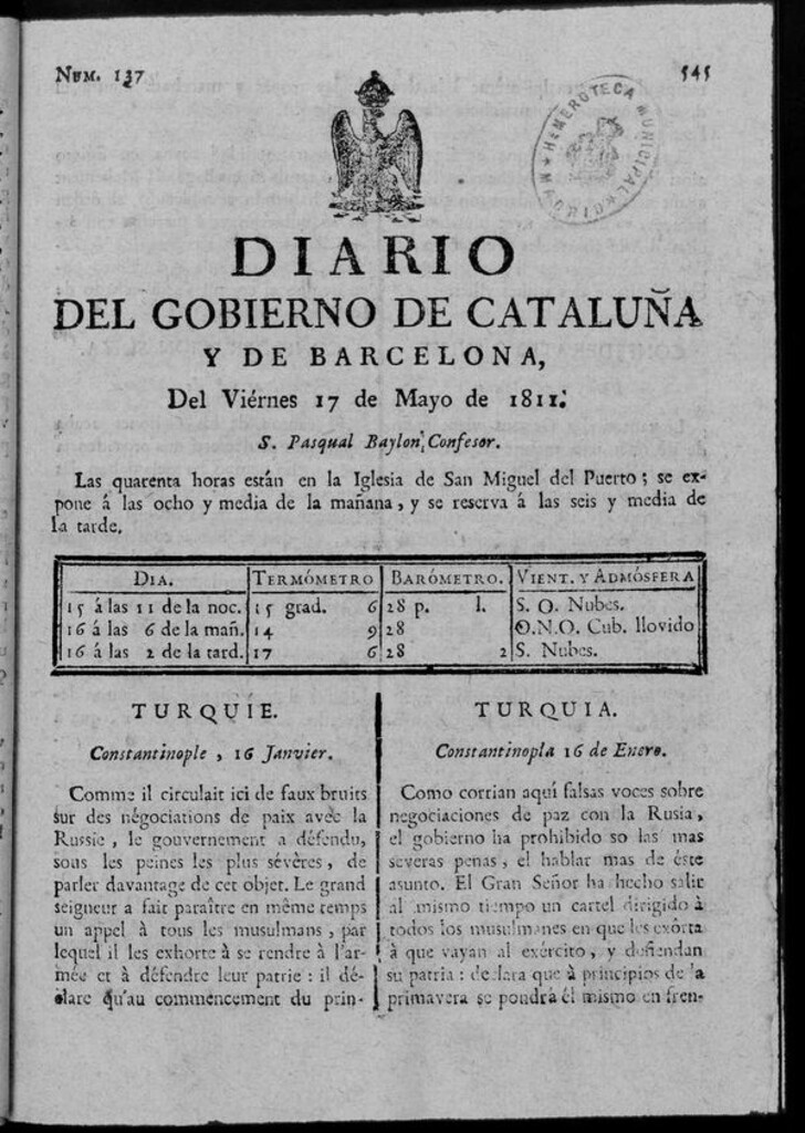 Miniatura de Diario de Barcelona del viernes 17 de mayo de 1811