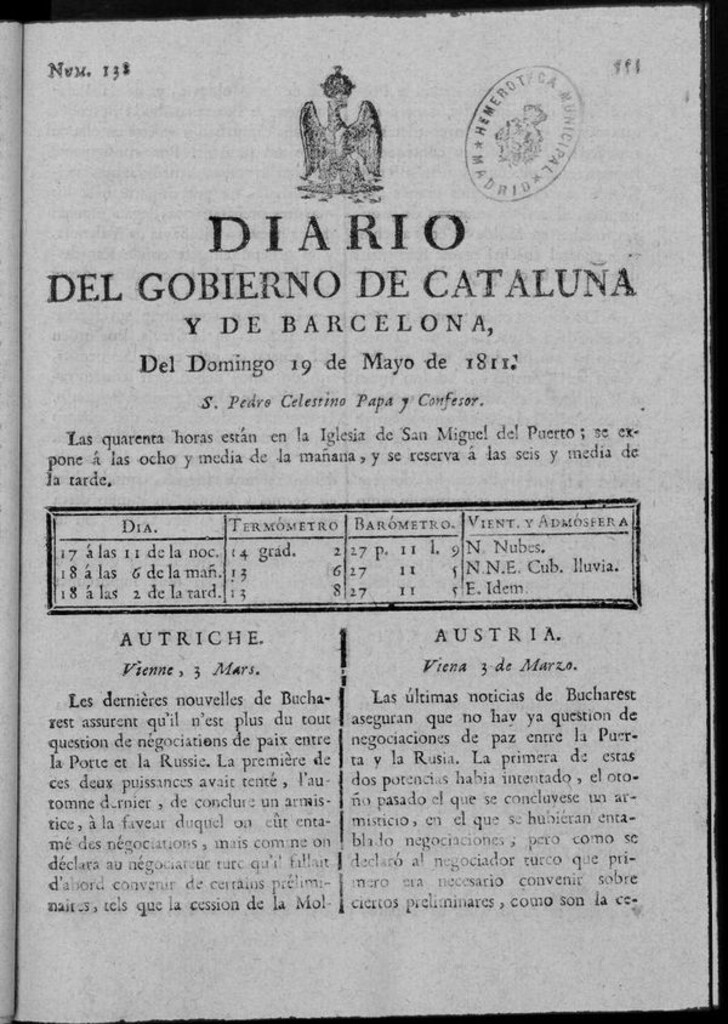 Miniatura de Diario de Barcelona del domingo 19 de mayo de 1811