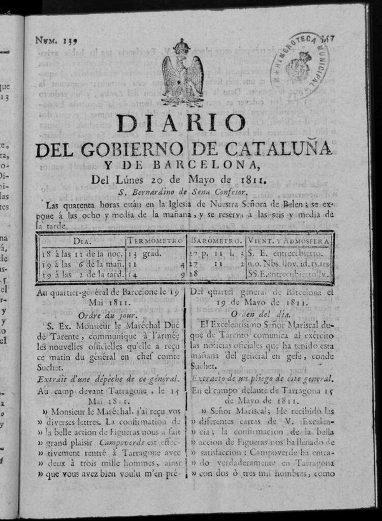 Miniatura de Diario de Barcelona del lunes 20 de mayo de 1811