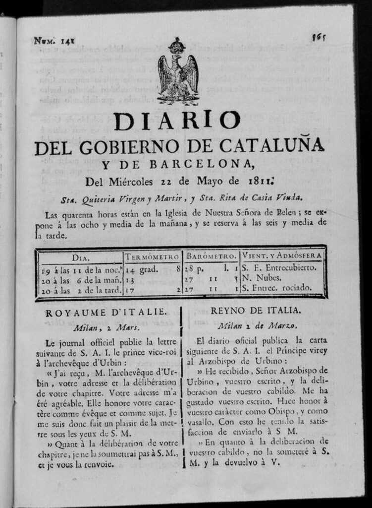 Miniatura de Diario de Barcelona del miércoles 22 de mayo de 1811
