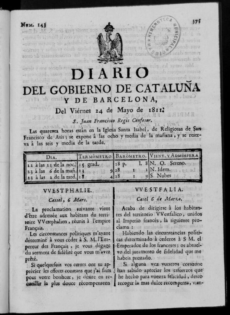 Miniatura de Diario de Barcelona del viernes 24 de mayo de 1811