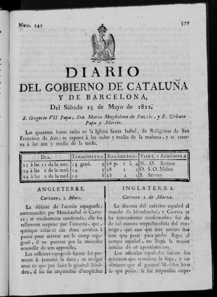 Miniatura de Diario de Barcelona del sábado 25 de mayo de 1811