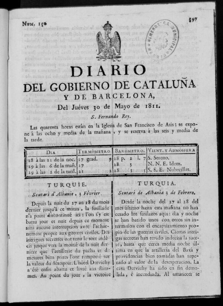 Miniatura de Diario de Barcelona del jueves 30 de mayo de 1811