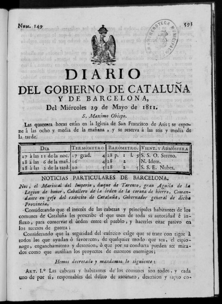 Miniatura de Diario de Barcelona del miércoles 29 de mayo de 1811