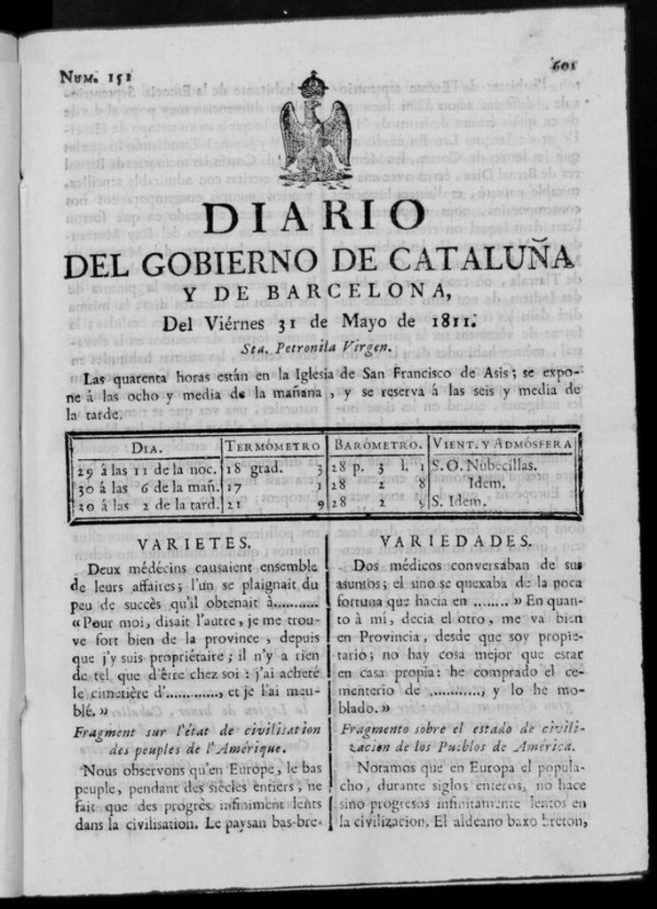 Miniatura de Diario de Barcelona del viernes 31 de mayo de 1811