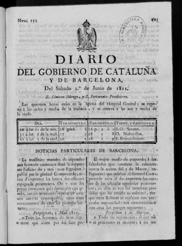 Miniatura de Diario de Barcelona del sábado 1 de junio de 1811