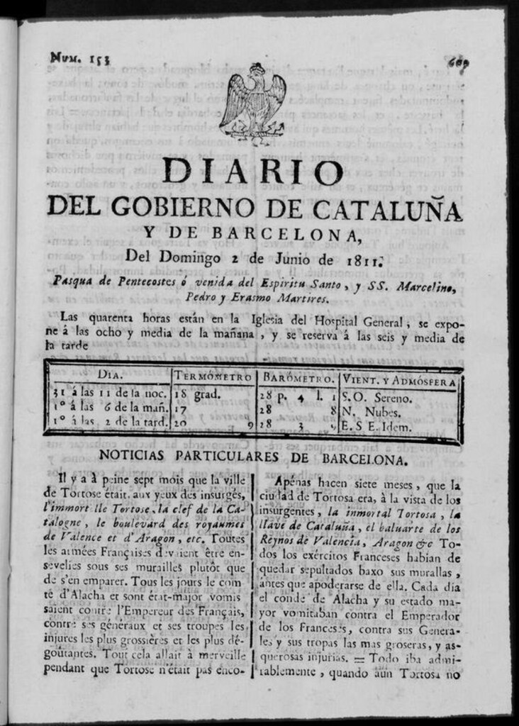 Miniatura de Diario de Barcelona del domingo 2 de junio de 1811
