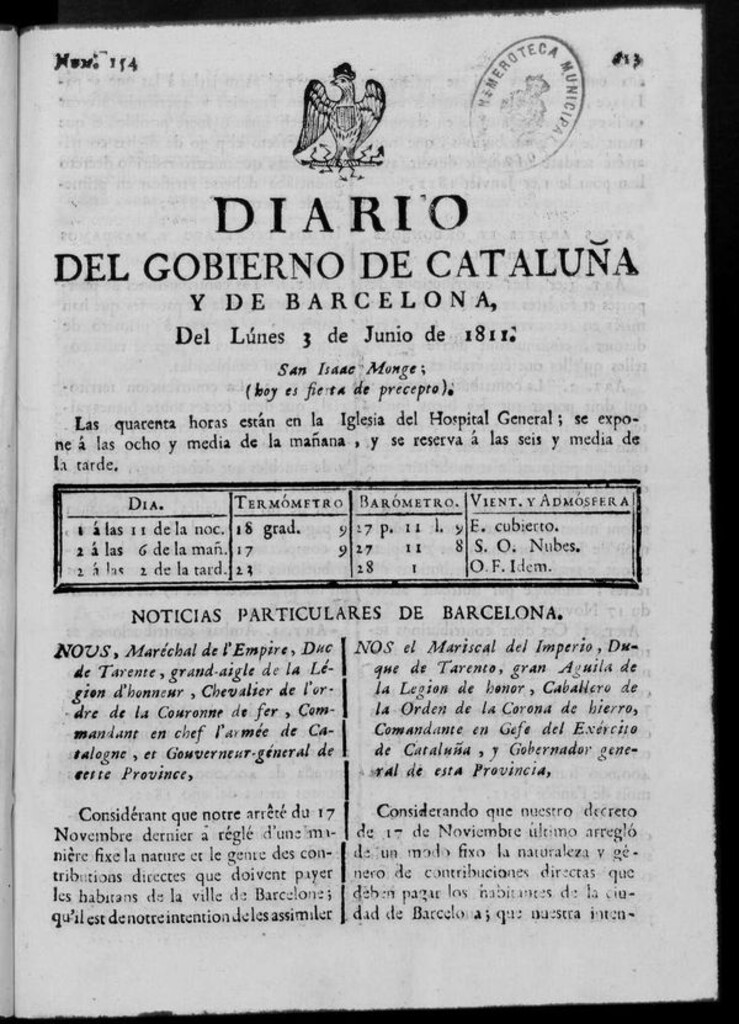 Miniatura de Diario de Barcelona del lunes 3 de junio de 1811