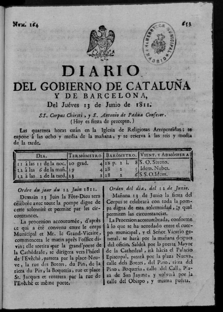 Miniatura de Diario de Barcelona del jueves 13 de junio de 1811