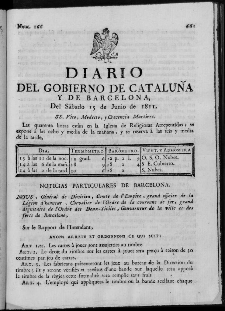 Miniatura de Diario de Barcelona del sábado 15 de junio de 1811