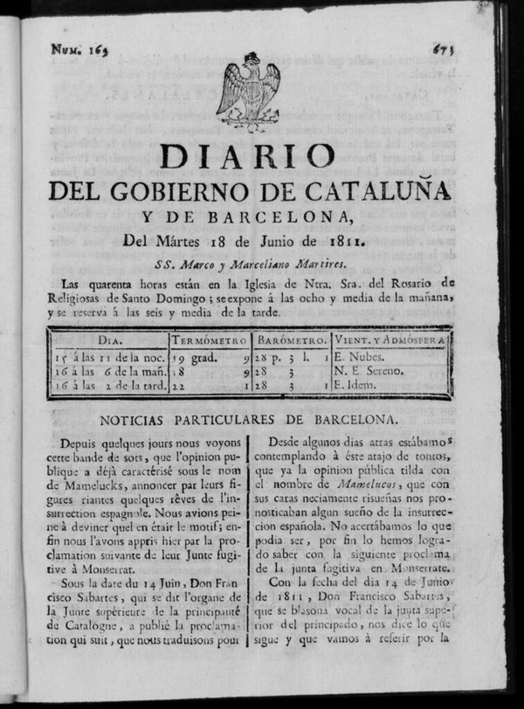 Miniatura de Diario de Barcelona del martes 18 de junio de 1811