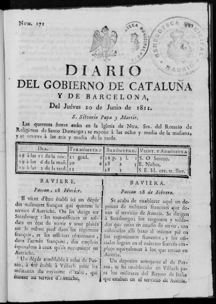 Miniatura de Diario de Barcelona del jueves 20 de junio de 1811