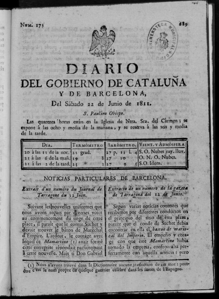 Miniatura de Diario de Barcelona del sábado 22 de junio de 1811