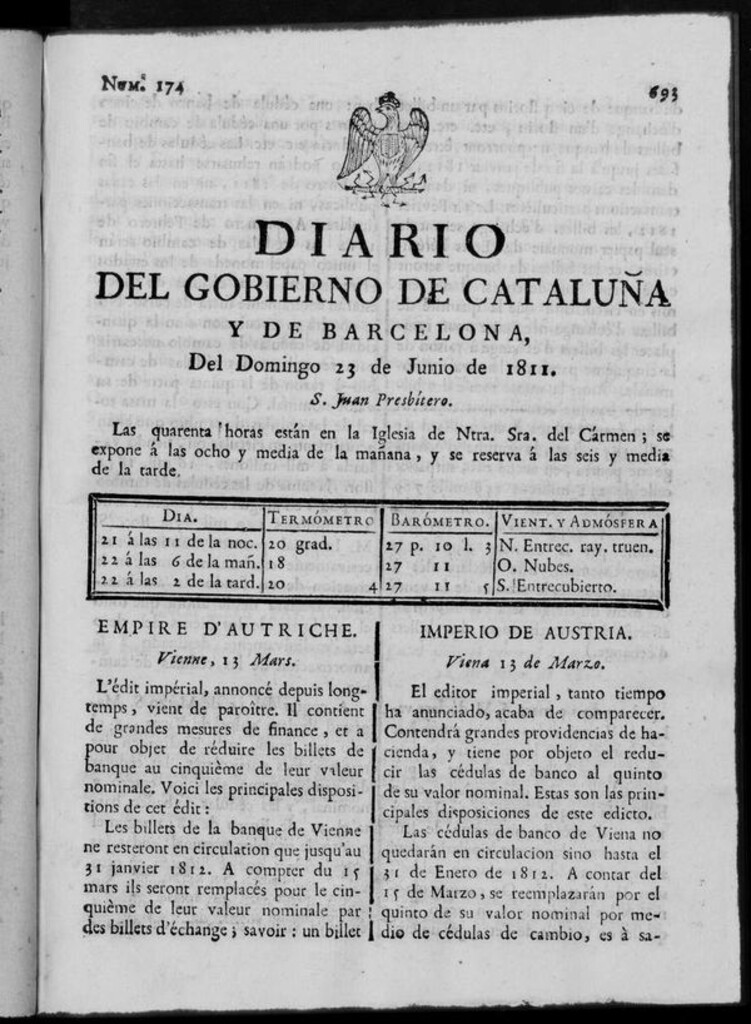 Miniatura de Diario de Barcelona del domingo 23 de junio de 1811