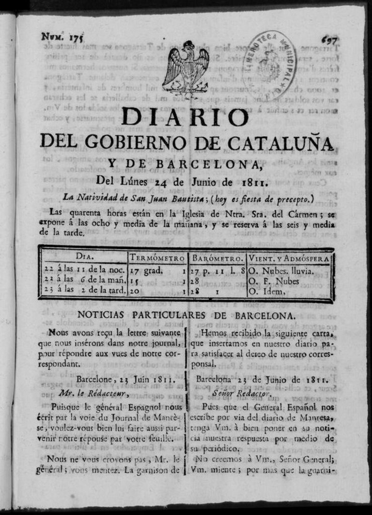 Miniatura de Diario de Barcelona del lunes 24 de junio de 1811