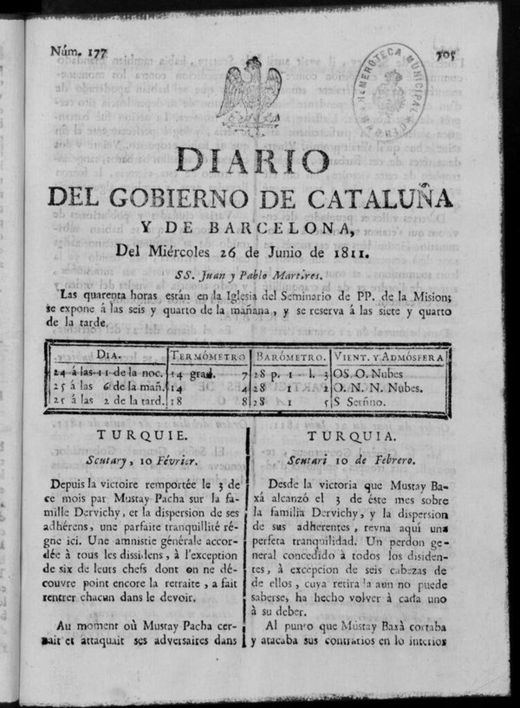 Miniatura de Diario de Barcelona del miércoles 26 de junio de 1811