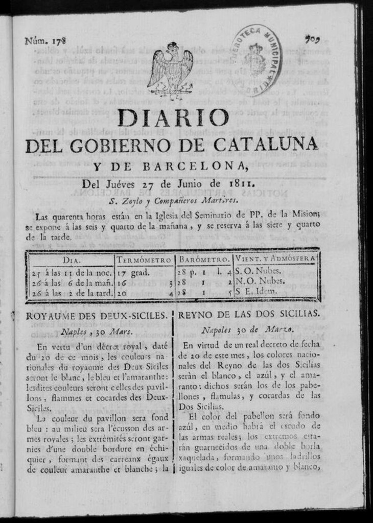 Miniatura de Diario de Barcelona del jueves 27 de junio de 1811