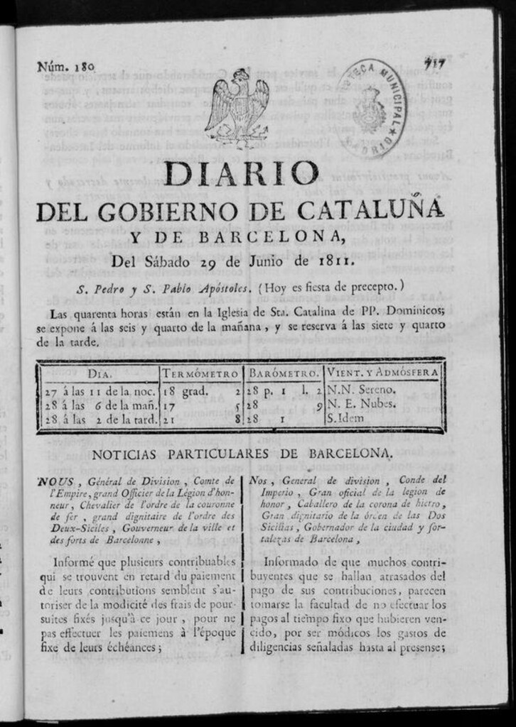 Miniatura de Diario de Barcelona del sábado 29 de junio de 1811