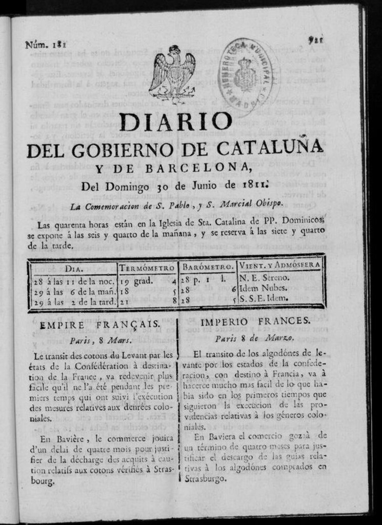 Miniatura de Diario de Barcelona del domingo 30 de junio de 1811