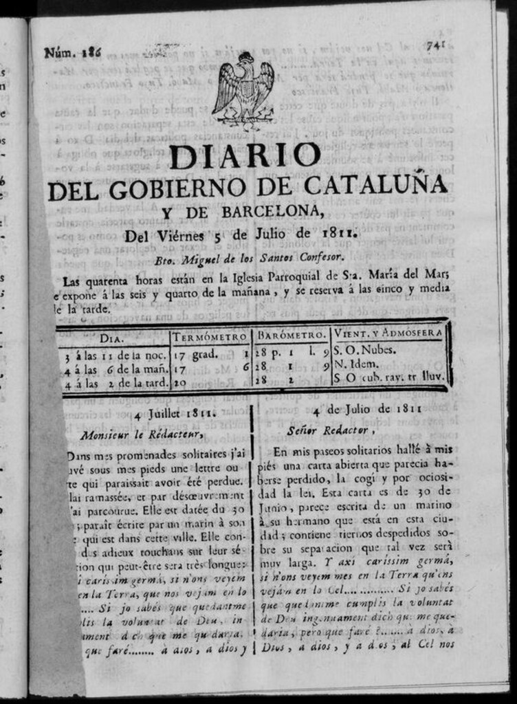 Miniatura de Diario de Barcelona del viernes 5 de julio de 1811