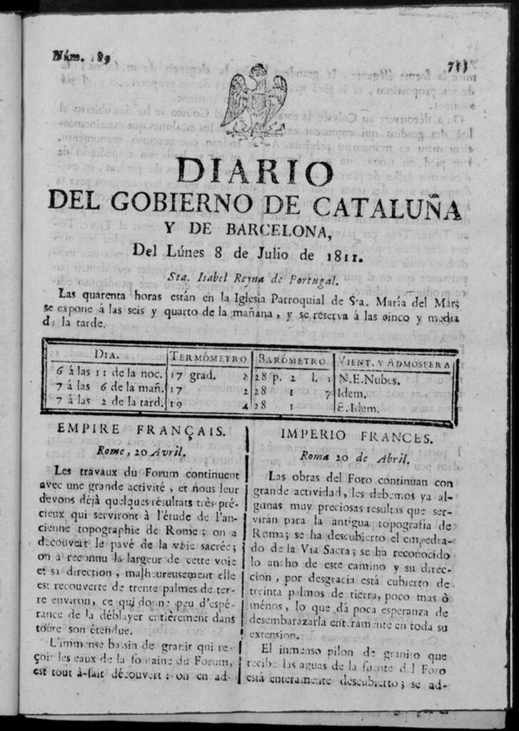 Miniatura de Diario de Barcelona del lunes 8 de julio de 1811