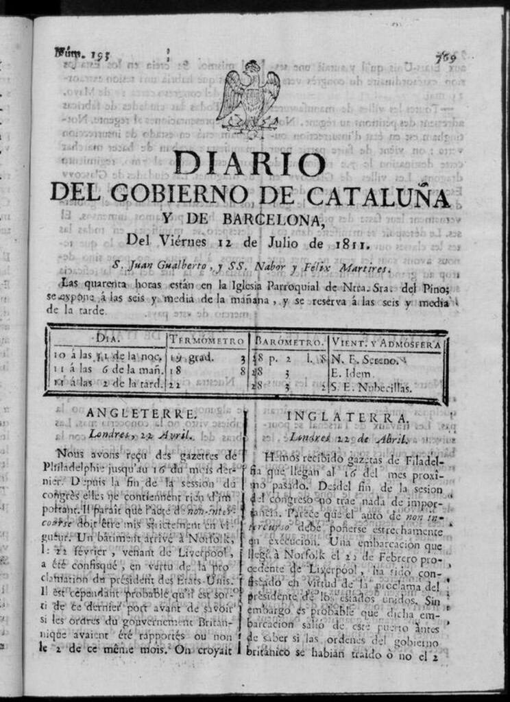 Miniatura de Diario de Barcelona del viernes 12 de julio de 1811