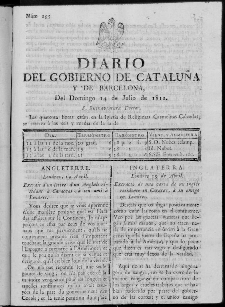 Miniatura de Diario de Barcelona del domingo 14 de julio de 1811