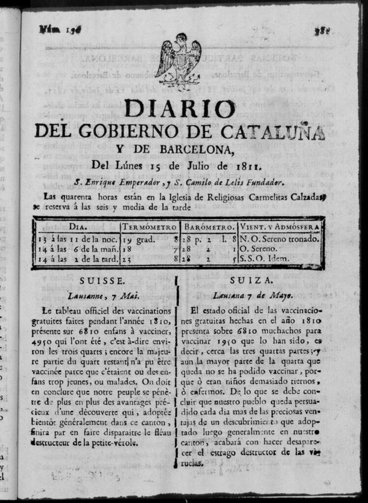 Miniatura de Diario de Barcelona del lunes 15 de julio de 1811