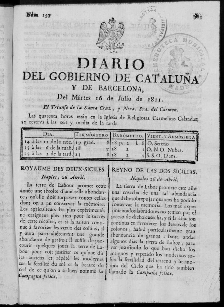 Miniatura de Diario de Barcelona del martes 16 de julio de 1811