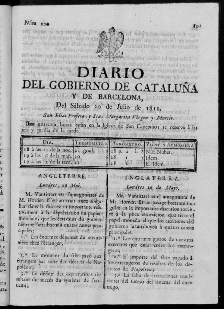 Miniatura de Diario de Barcelona del sábado 20 de julio de 1811