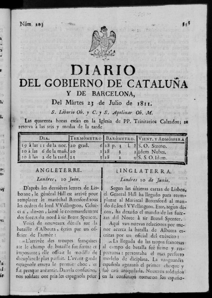Miniatura de Diario de Barcelona del martes 23 de julio de 1811